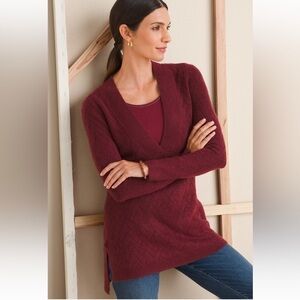 Chicos Herringbone Deep V-Neck Wool Blend Sweater Tunic Womens Size Large Red